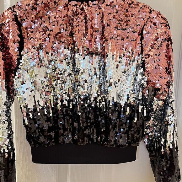 H&M Girls Ombre Black Silver Pink Sequin Bomber Jacket Size 10-11 years - Picture 13 of 15